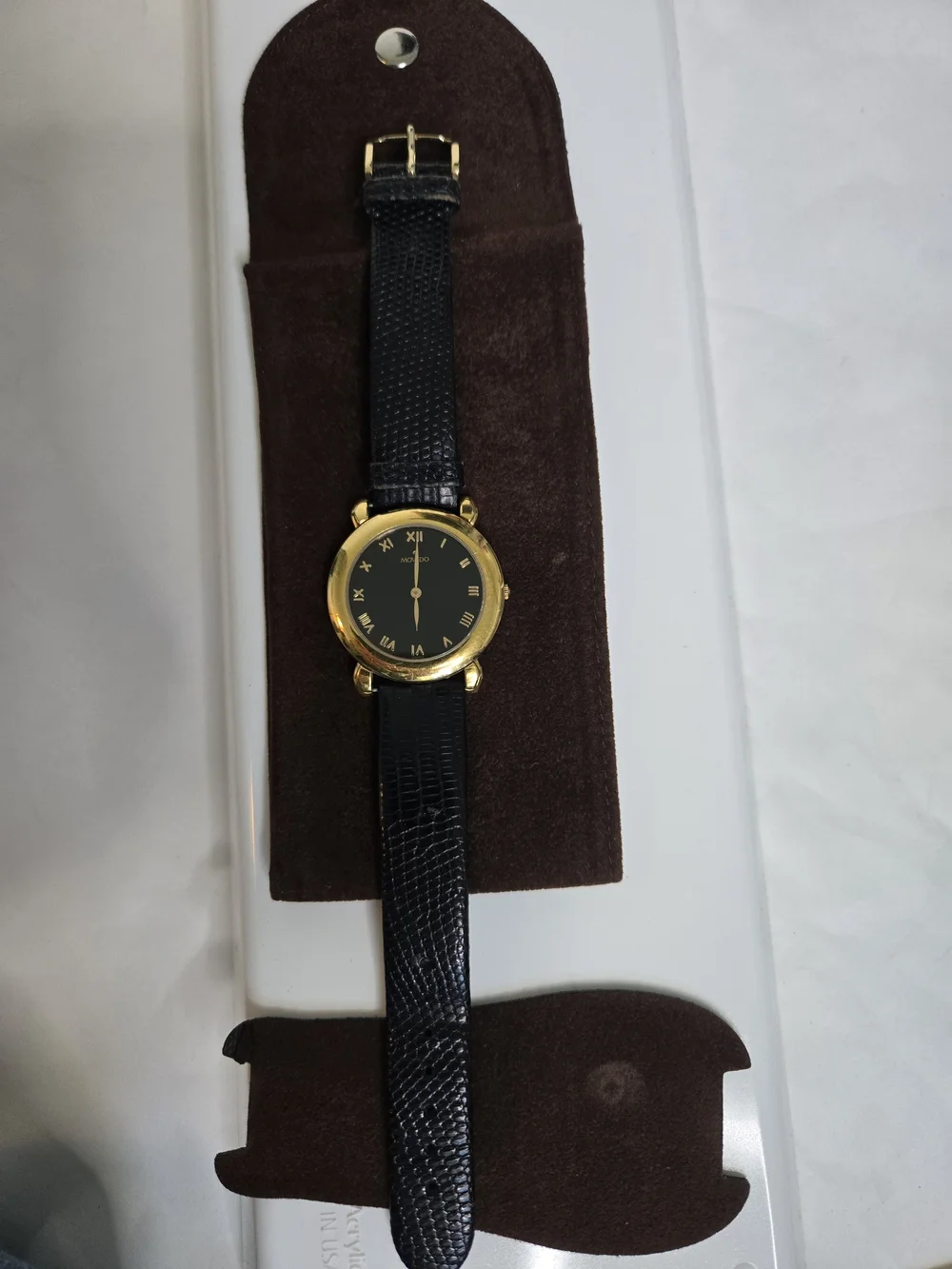 Vintage Movado Museum Roman Numeral Quartz Watch Gold Plated Case Leather Band